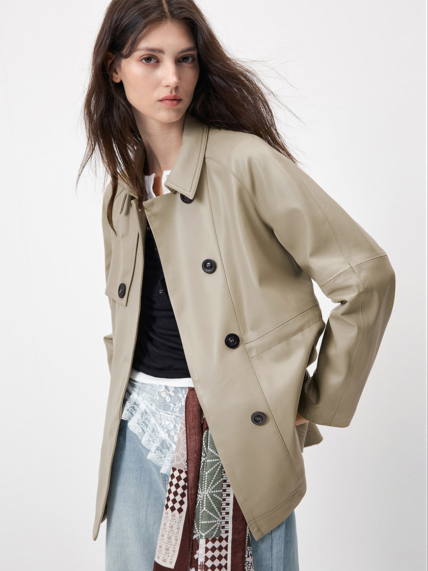 KSCK2453 Women's Spring-Autumn Leather Jacket with Drawstrings for Waist Adjustment and Loose Fit Leather Coat