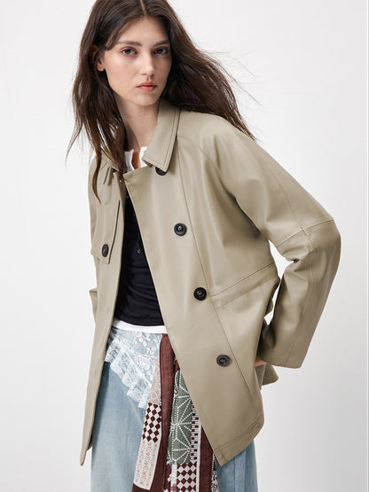KSCK2453 Women's Spring-Autumn Leather Jacket with Drawstrings for Waist Adjustment and Loose Fit Leather Coat