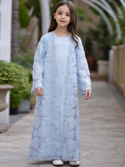 MK2653 Muslim Girl Set 2-Piece Satin Dress and Flower Beaded Cardigan Abaya