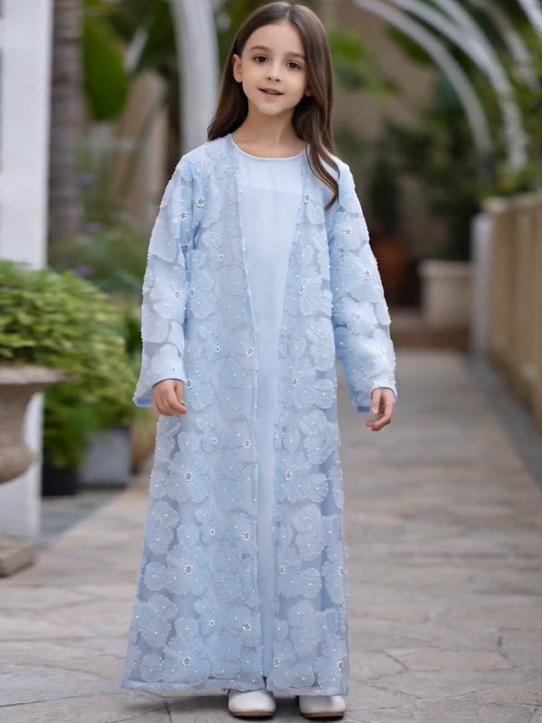 MK2653 Muslim Girl Set 2-Piece Satin Dress and Flower Beaded Cardigan Abaya