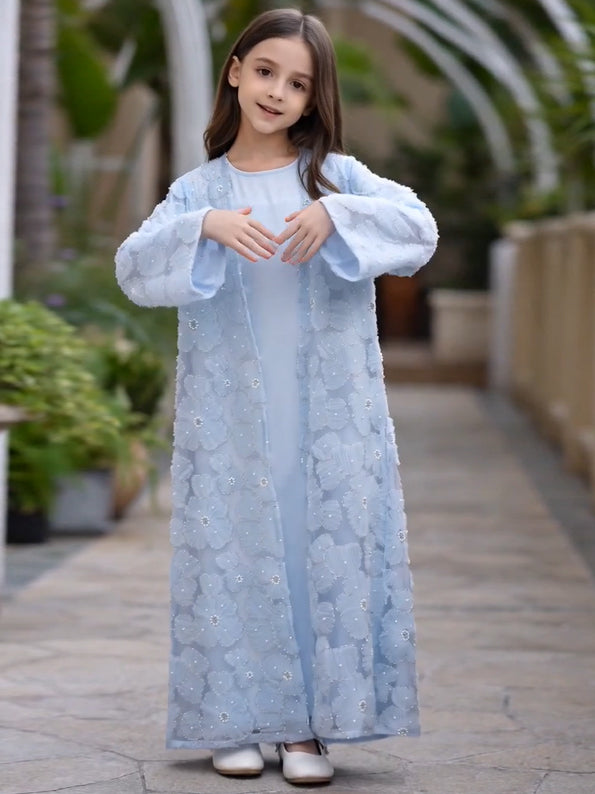 MK2653 Muslim Girl Set 2-Piece Satin Dress and Flower Beaded Cardigan Abaya