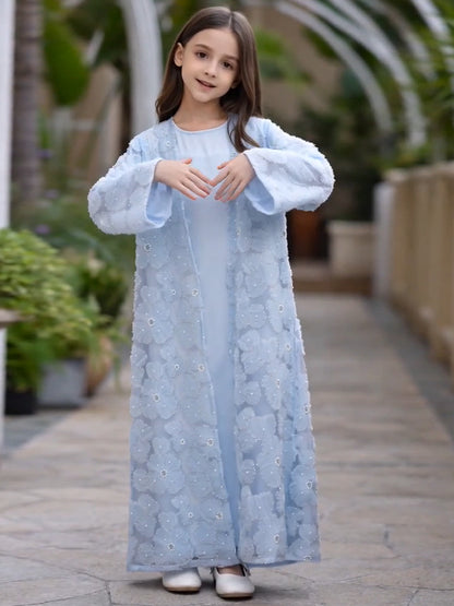 MK2653 Muslim Girl Set 2-Piece Satin Dress and Flower Beaded Cardigan Abaya