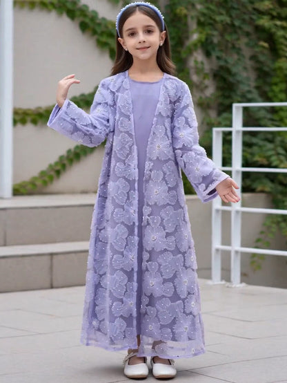 MK2653 Muslim Girl Set 2-Piece Satin Dress and Flower Beaded Cardigan Abaya