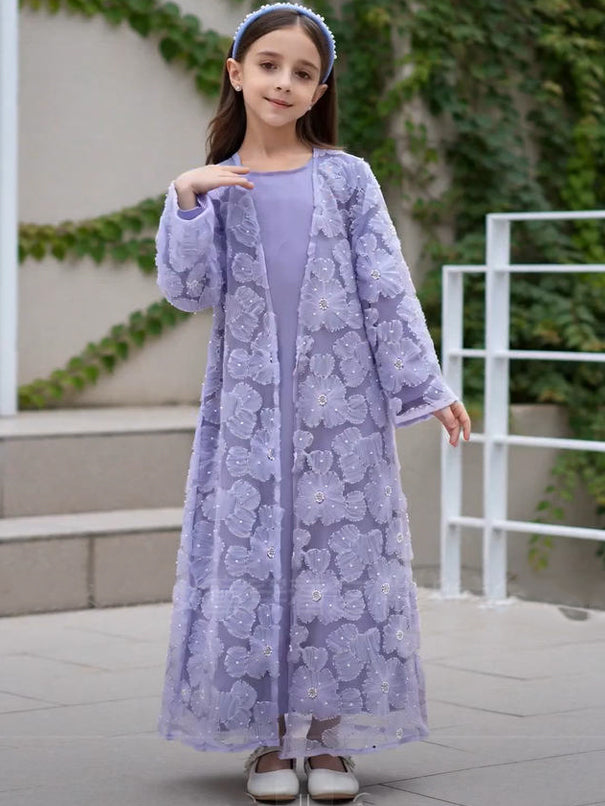 MK2653 Muslim Girl Set 2-Piece Satin Dress and Flower Beaded Cardigan Abaya
