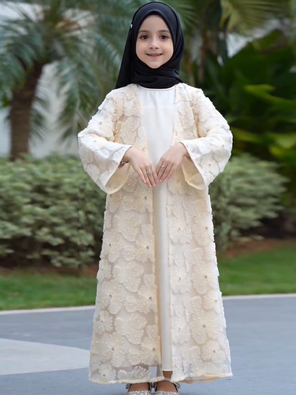 MK2653 Muslim Girl Set 2-Piece Satin Dress and Flower Beaded Cardigan Abaya