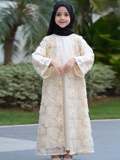 MK2653 Muslim Girl Set 2-Piece Satin Dress and Flower Beaded Cardigan Abaya