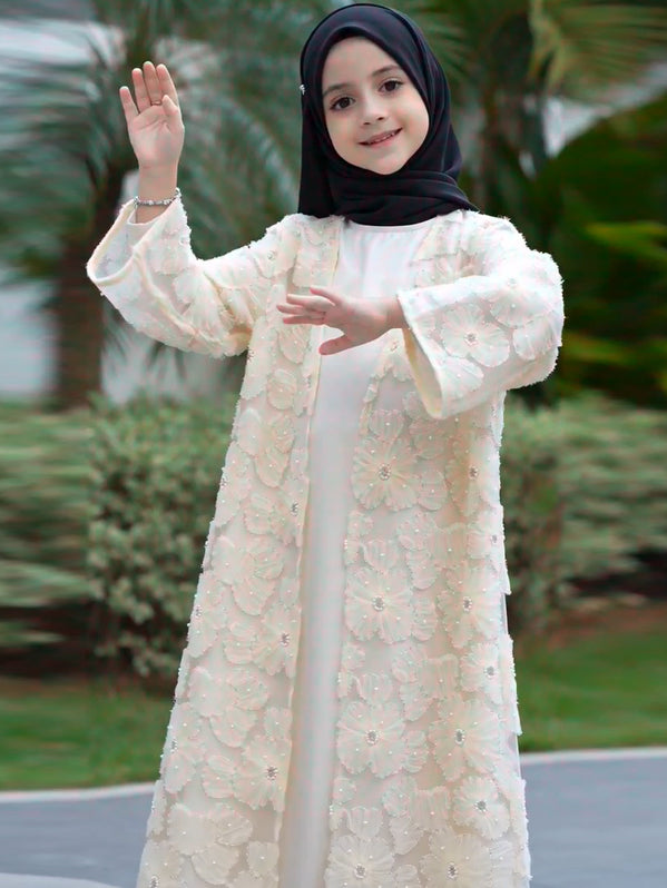 MK2653 Muslim Girl Set 2-Piece Satin Dress and Flower Beaded Cardigan Abaya