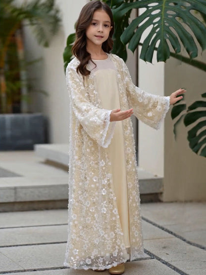 MK3001 Muslim Girl Outerwear, Double-Layer Floral Open Abaya, Wedding Birthday Party Eid Open Abaya (Only Open Abaya)