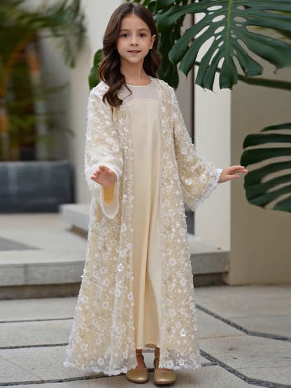 MK3001 Muslim Girl Outerwear, Double-Layer Floral Open Abaya, Wedding Birthday Party Eid Open Abaya (Only Open Abaya)