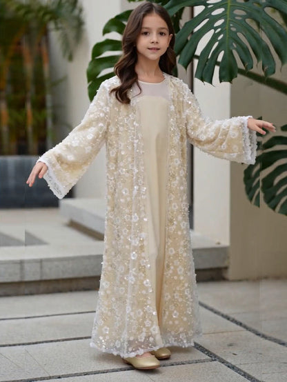 MK3001 Muslim Girl Outerwear, Double-Layer Floral Open Abaya, Wedding Birthday Party Eid Open Abaya (Only Open Abaya)