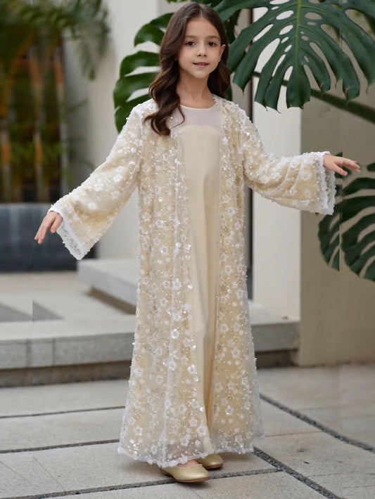MK3001 Muslim Girl Outerwear, Double-Layer Floral Open Abaya, Wedding Birthday Party Eid Open Abaya (Only Open Abaya)