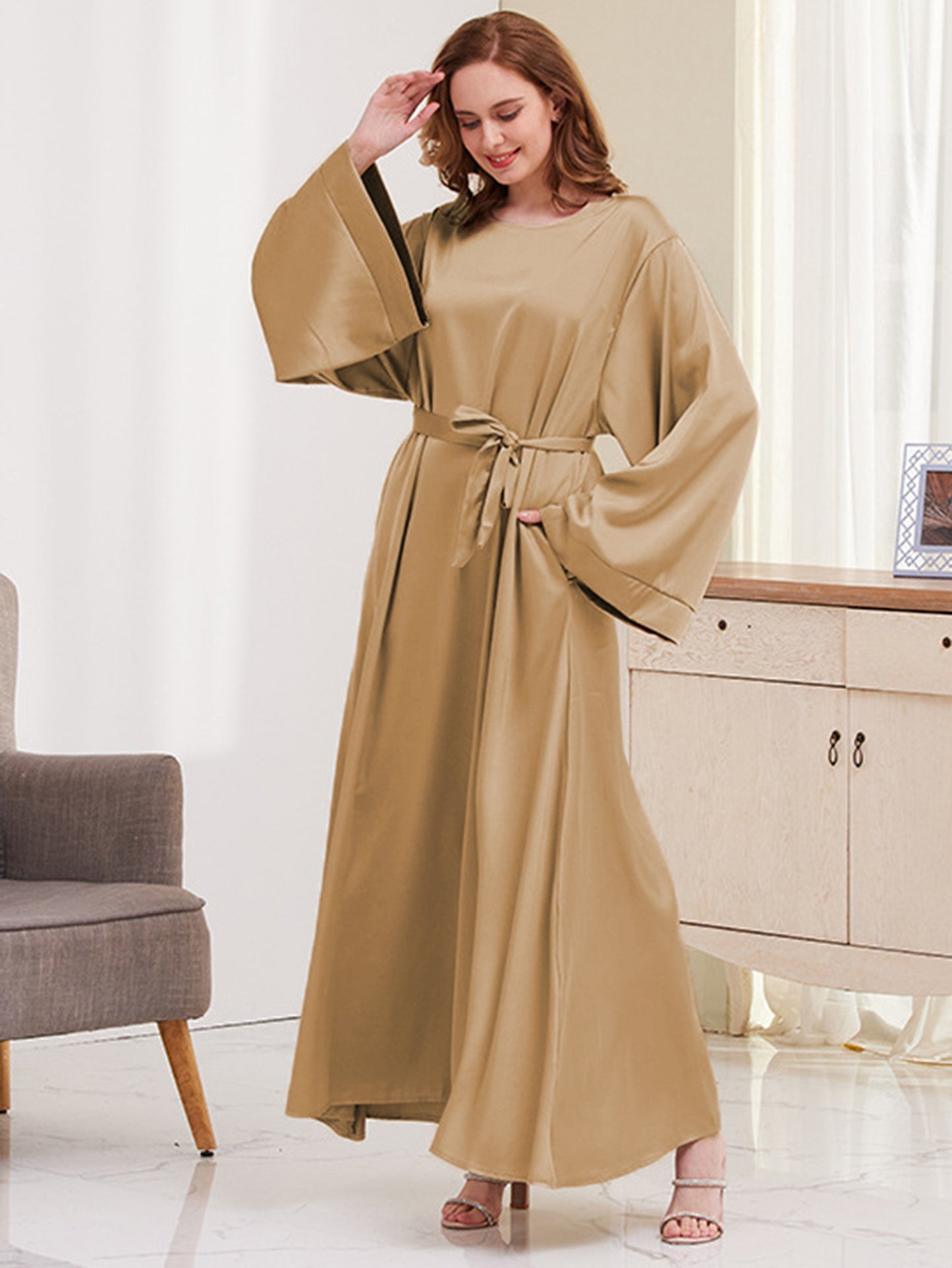 Ramadan Solides Maxi-Kaftan-Kleid, schlichtes langärmliges Kaftan-Abaya mit Rundhalsausschnitt, Damenbekleidung MSL42