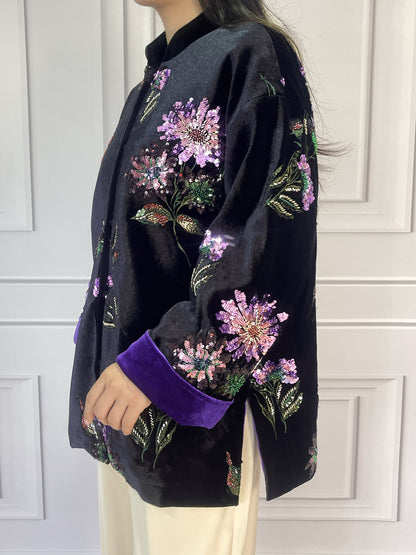 MSL902 Luxurious Handcrafted Sequined Beaded Velvet Cotton Jacket