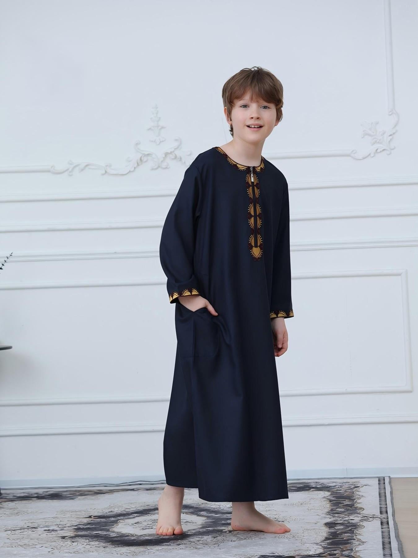 KID0003 Abaya - Long Loose Fit Long Sleeve Embroidered Zip Front | Modest Fashion Hojumbo