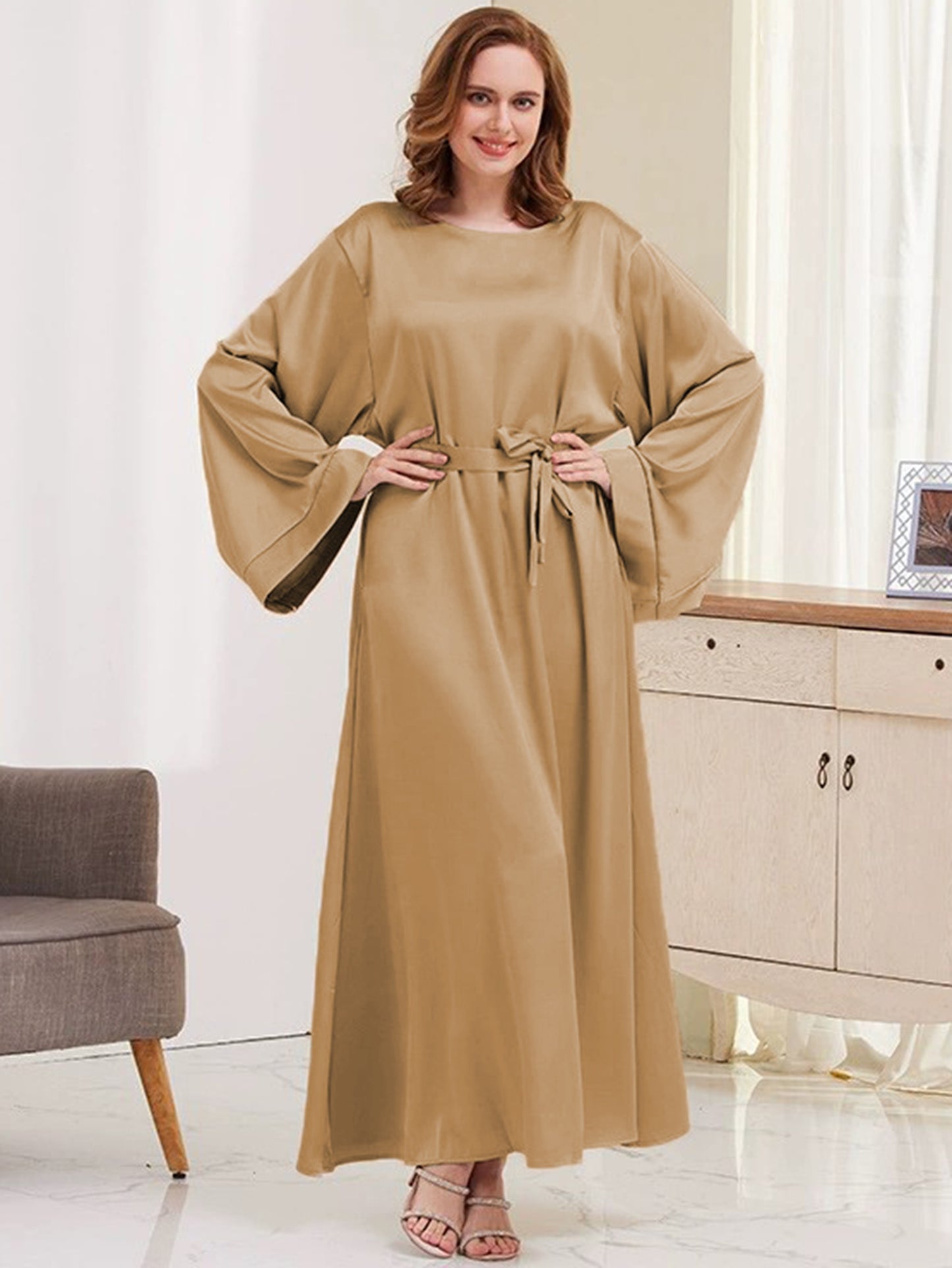 Ramadan Solides Maxi-Kaftan-Kleid, schlichtes langärmliges Kaftan-Abaya mit Rundhalsausschnitt, Damenbekleidung MSL42