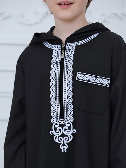 KID0012 Boys' Moroccan Robe Hooded Embroidered Loose Fit Abaya, Muslim Boys' Clothing, Comfortable Long Sleeve Dressing Gown