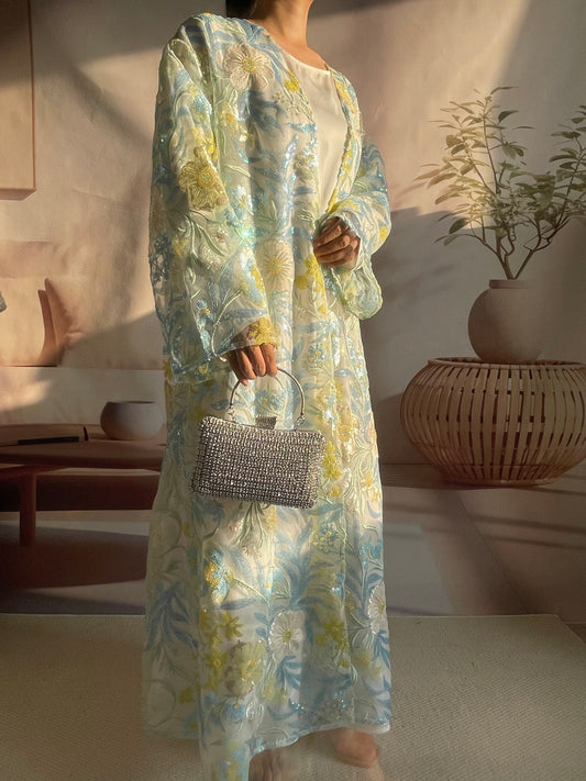 Yellow-green Flower Open Abaya MSL882