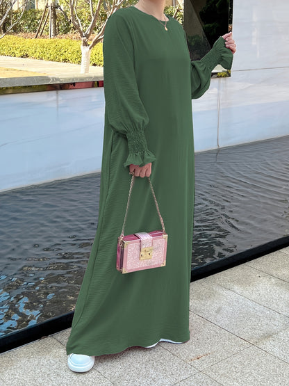 Ramadan Abaya mit Rundhalsausschnitt und gerafften Manschetten, elegantes, schlichtes Maxikleid mit langen Ärmeln, Damenbekleidung, Kebaya Kaftan MSL130