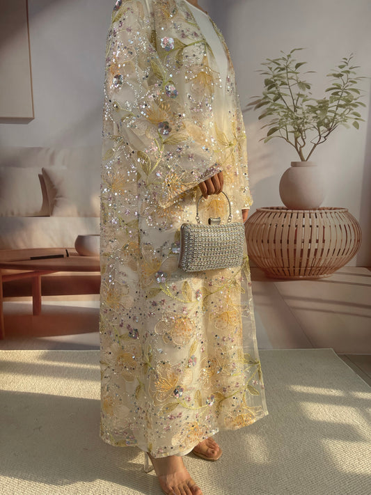 MSL894 Yellow Flowers Open Abaya Set