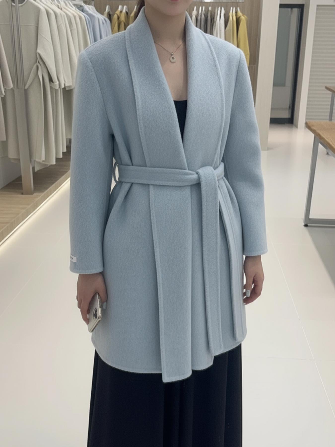 8190 Women's 70% Wool Coat, Autumn and Winter, Long-sleeved and Mid-length, Tweed Style, with Belt.