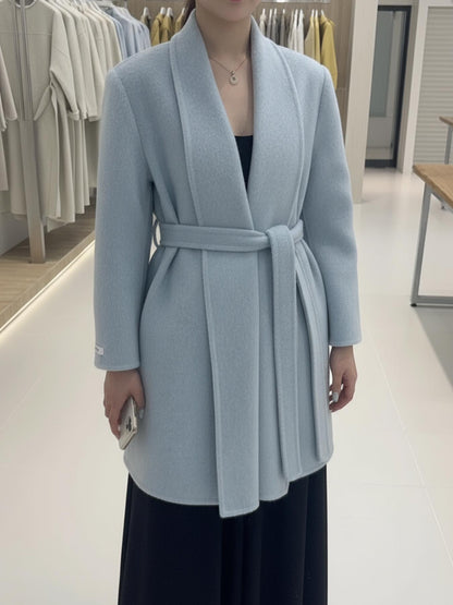 8190 Women's 70% Wool Coat, Autumn and Winter, Long-sleeved and Mid-length, Tweed Style, with Belt.