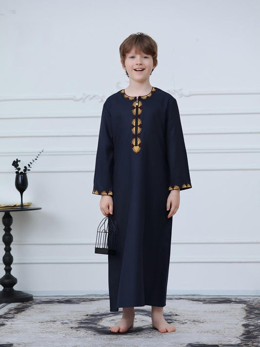 KID0003 Boys' Moroccan Robe with Embroidered Zipper, Loose Fit Long Sleeve Top, Modest Style for All Seasons, Middle Eastern Muslim Clothing