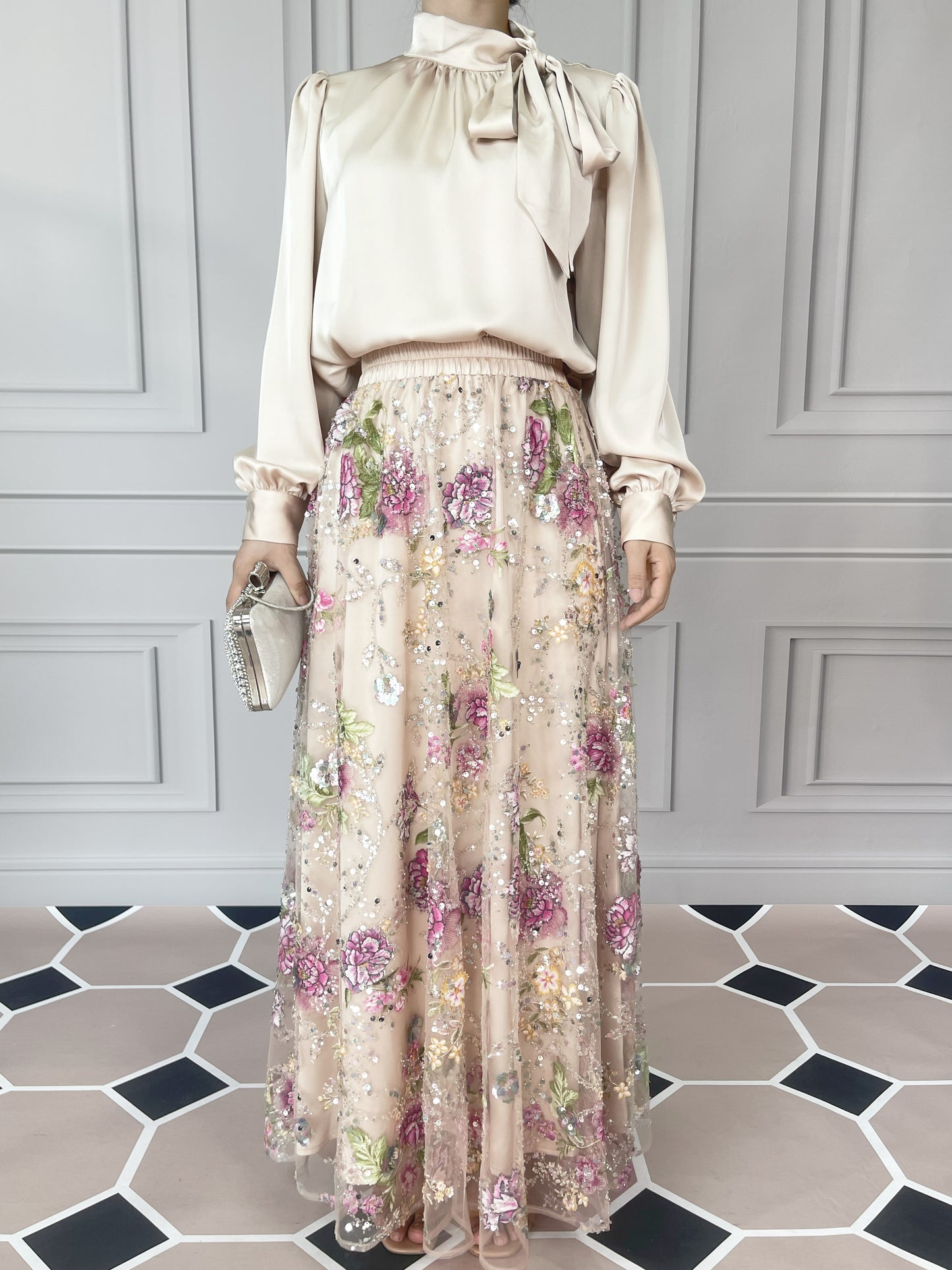 MSL903 Luxurious Women's Two-piece Set, Long-sleeved Top and Floral Bead and Sequin Skirt