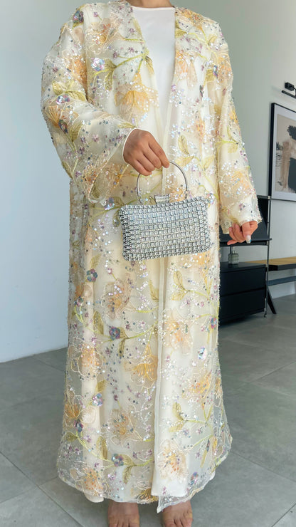 MSL894 Yellow Flowers Open Abaya Set