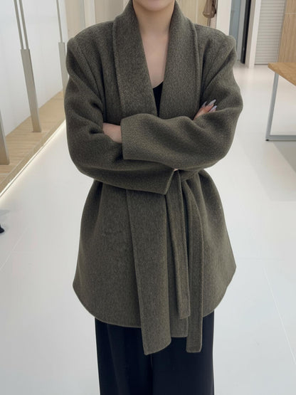 8190 Women's 70% Wool Coat, Autumn and Winter, Long-sleeved and Mid-length, Tweed Style, with Belt.