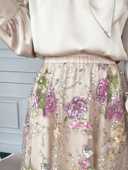 MSL903 Luxurious Women's Two-piece Set, Long-sleeved Top and Floral Bead and Sequin Skirt