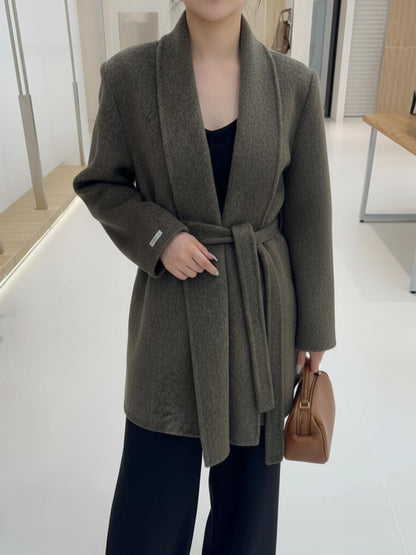 8190 Women's 70% Wool Coat, Autumn and Winter, Long-sleeved and Mid-length, Tweed Style, with Belt.