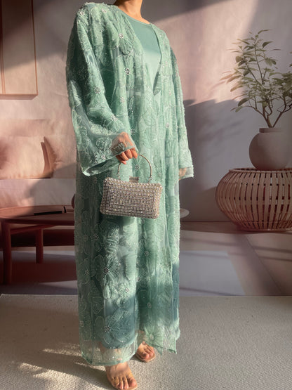 MSL881 Women 2 Pieces Set Open Abaya Mesh Flower Bead Embroidered Coat and Dress(Open Abaya+Inner Dress)