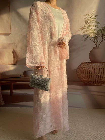 MSL881 Women 2 Pieces Set Open Abaya Mesh Flower Bead Embroidered Coat and Dress(Open Abaya+Inner Dress)