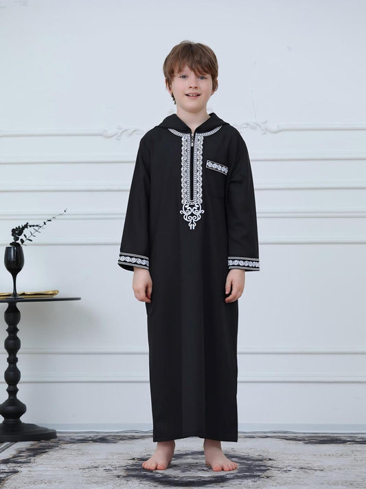 KID0012 Boys' Moroccan Robe Hooded Embroidered Loose Fit Abaya, Muslim Boys' Clothing, Comfortable Long Sleeve Dressing Gown