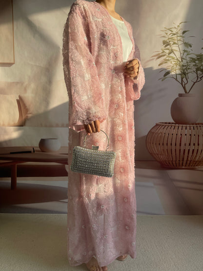 MSL881 Women 2 Pieces Set Open Abaya Mesh Flower Bead Embroidered Coat and Dress(Open Abaya+Inner Dress)