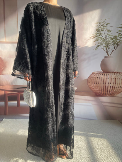 MSL881 Women 2 Pieces Set Open Abaya Mesh Flower Bead Embroidered Coat and Dress(Open Abaya+Inner Dress)
