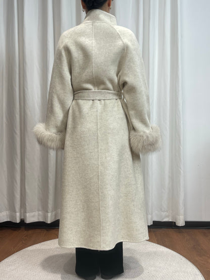 CT017 Wool Coat - 100% Wool, High Collar, Belted, Button Front, Long Length | Hojumbo