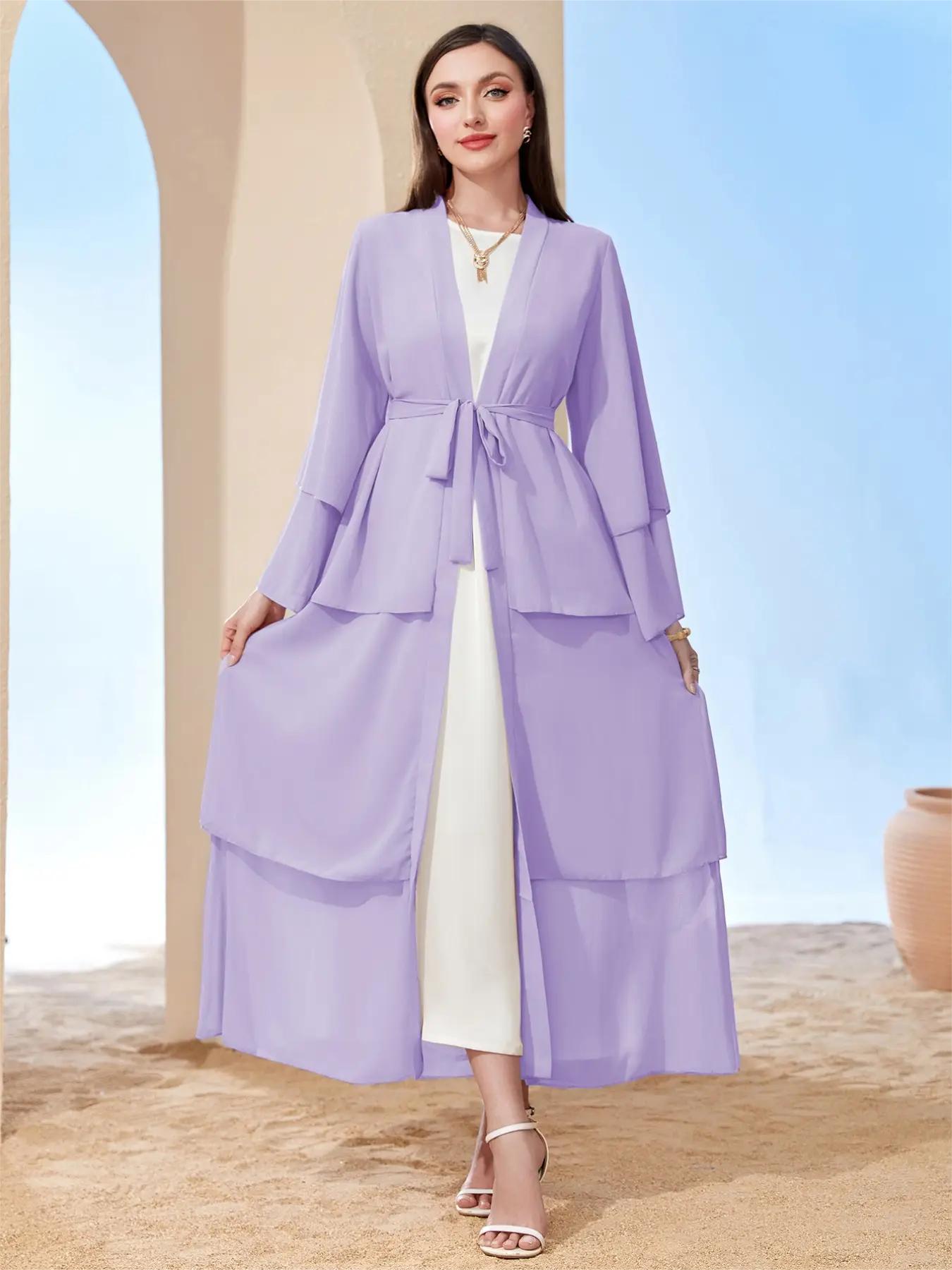 Ramadan kebaya Layered Open Front Abaya, Long Sleeve Dress With Belted , Without Hijab, Women's Clothing MSL1