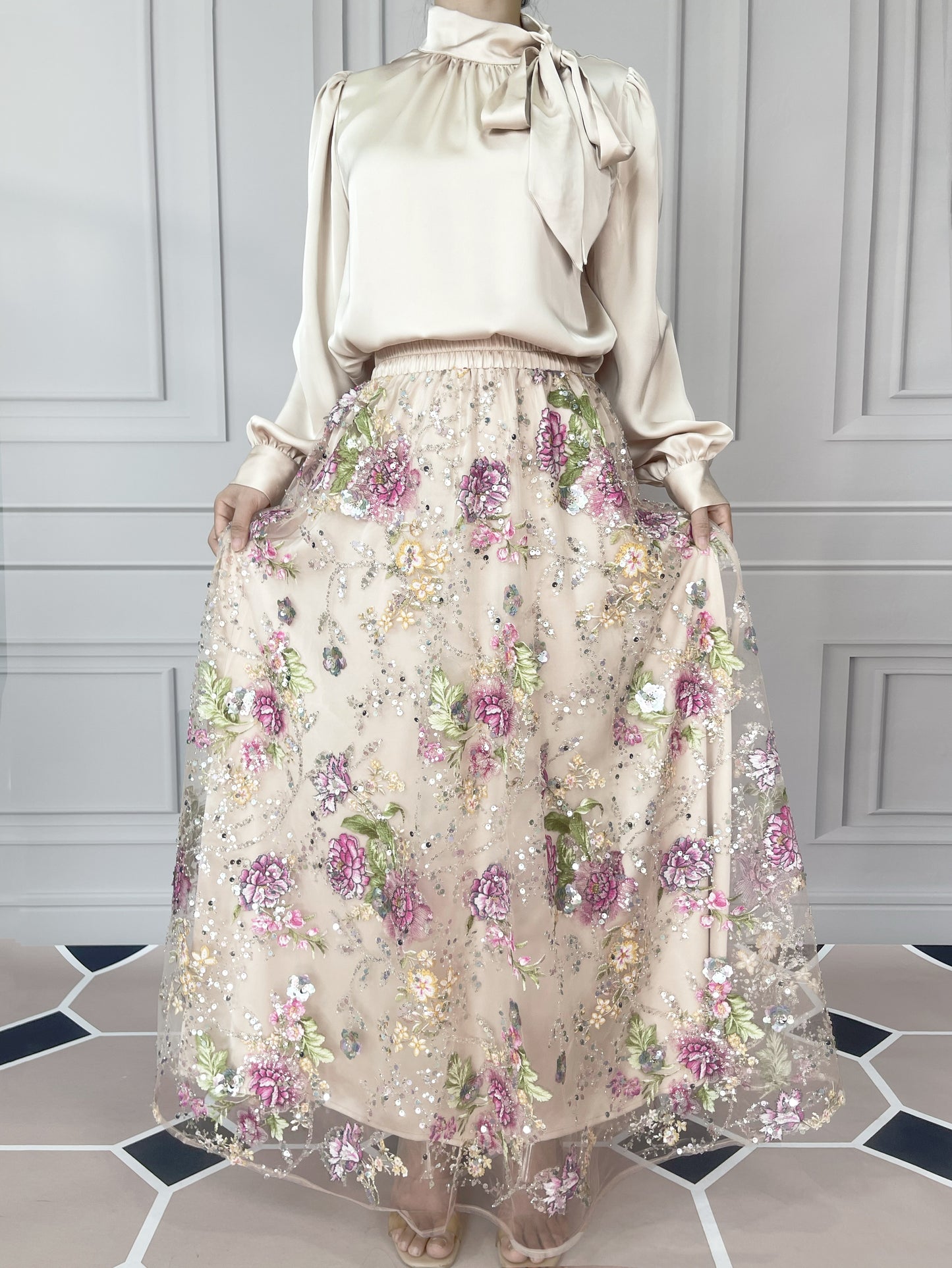 MSL903 Luxurious Women's Two-piece Set, Long-sleeved Top and Floral Bead and Sequin Skirt