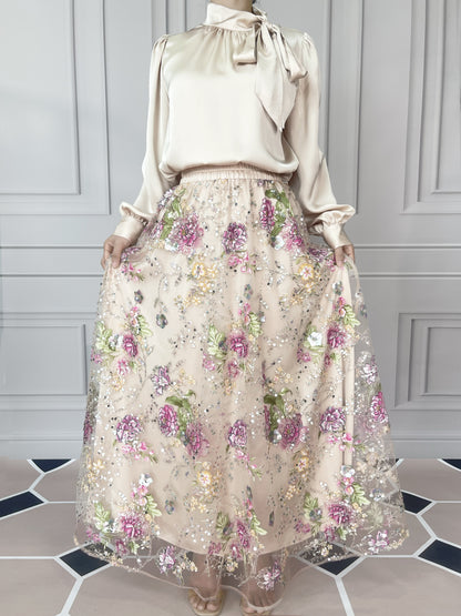 MSL903 Luxurious Women's Two-piece Set, Long-sleeved Top and Floral Bead and Sequin Skirt