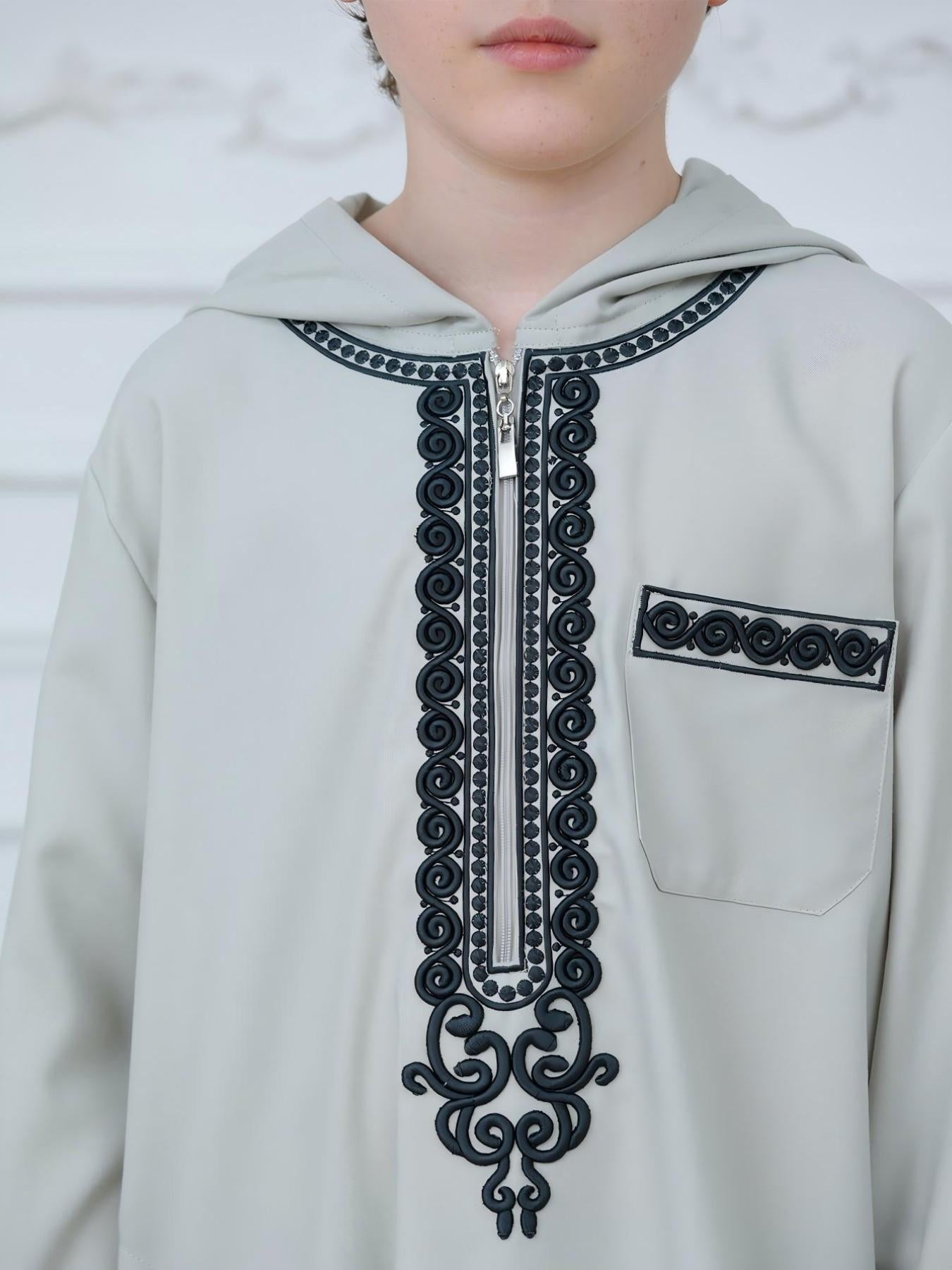 KID0012 Boys' Moroccan Robe Hooded Embroidered Loose Fit Abaya, Muslim Boys' Clothing, Comfortable Long Sleeve Dressing Gown