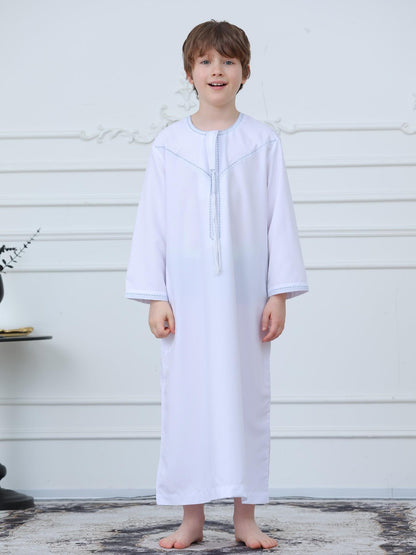 KID0004 Boys' Embroidered Zipper Omani Robe, Ramadan Muslim Boys' Long Dressing Gown, Stylish Islamic Clothing for Kids