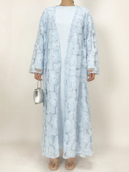 MSL881 Women 2 Pieces Set Open Abaya Mesh Flower Bead Embroidered Coat and Dress(Open Abaya+Inner Dress)