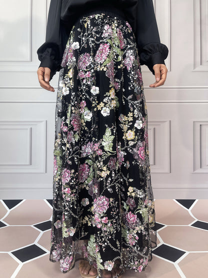 MSL903 Luxurious Women's Two-piece Set, Long-sleeved Top and Floral Bead and Sequin Skirt