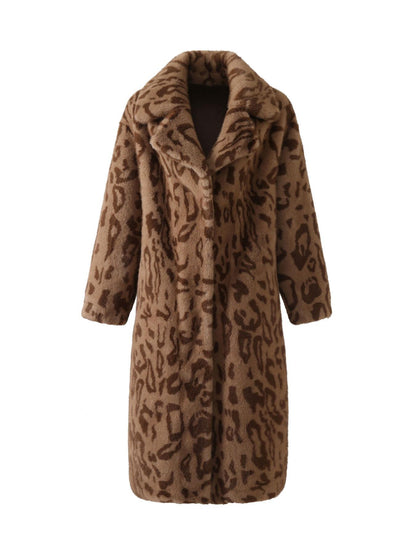 JT8812 Faux Fur Coat - Leopard Print, Suede, Blazer Collar, Long Length | Hojumbo