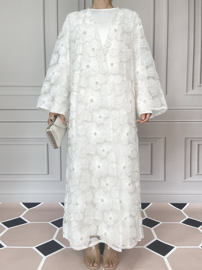 MSL881 Women 2 Pieces Set Open Abaya Mesh Flower Bead Embroidered Coat and Dress(Open Abaya+Inner Dress)