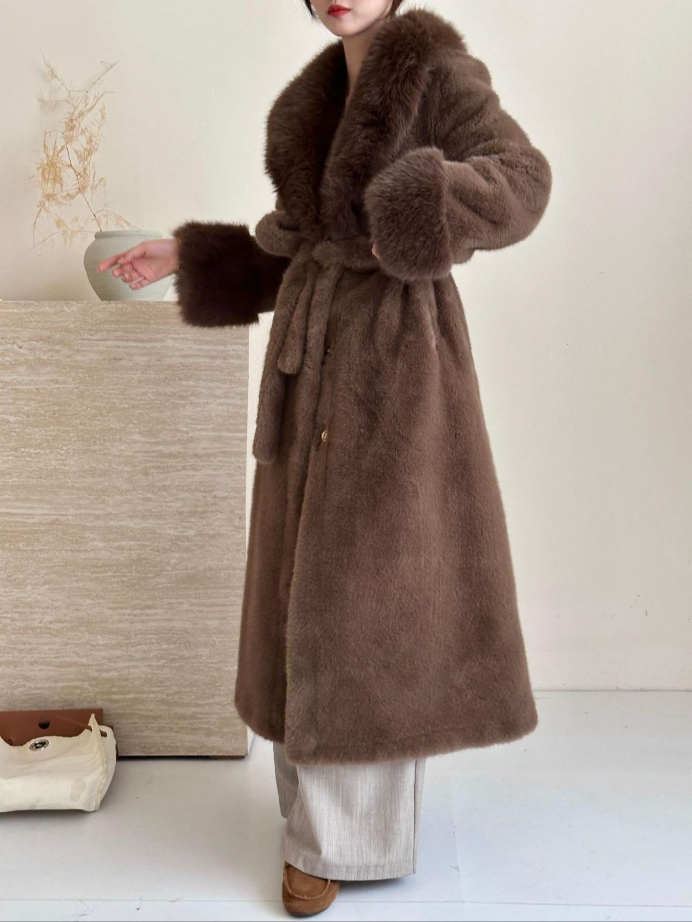 JT8811 Faux Fur Coat - Lapel Collar, Belted, Pocketed, Long Length | Hojumbo