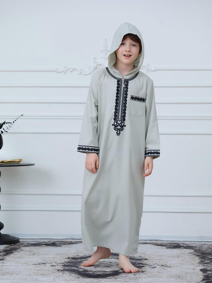 KID0012 Boys' Moroccan Robe Hooded Embroidered Loose Fit Abaya, Muslim Boys' Clothing, Comfortable Long Sleeve Dressing Gown