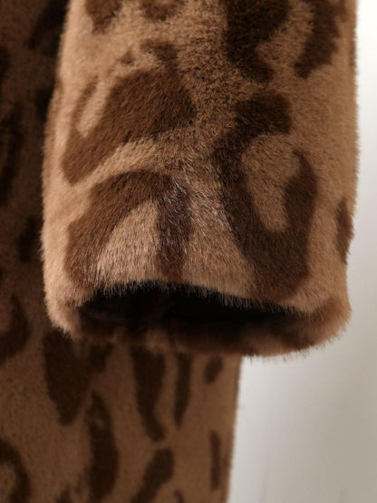 JT8812 Faux Fur Coat - Leopard Print, Suede, Blazer Collar, Long Length | Hojumbo