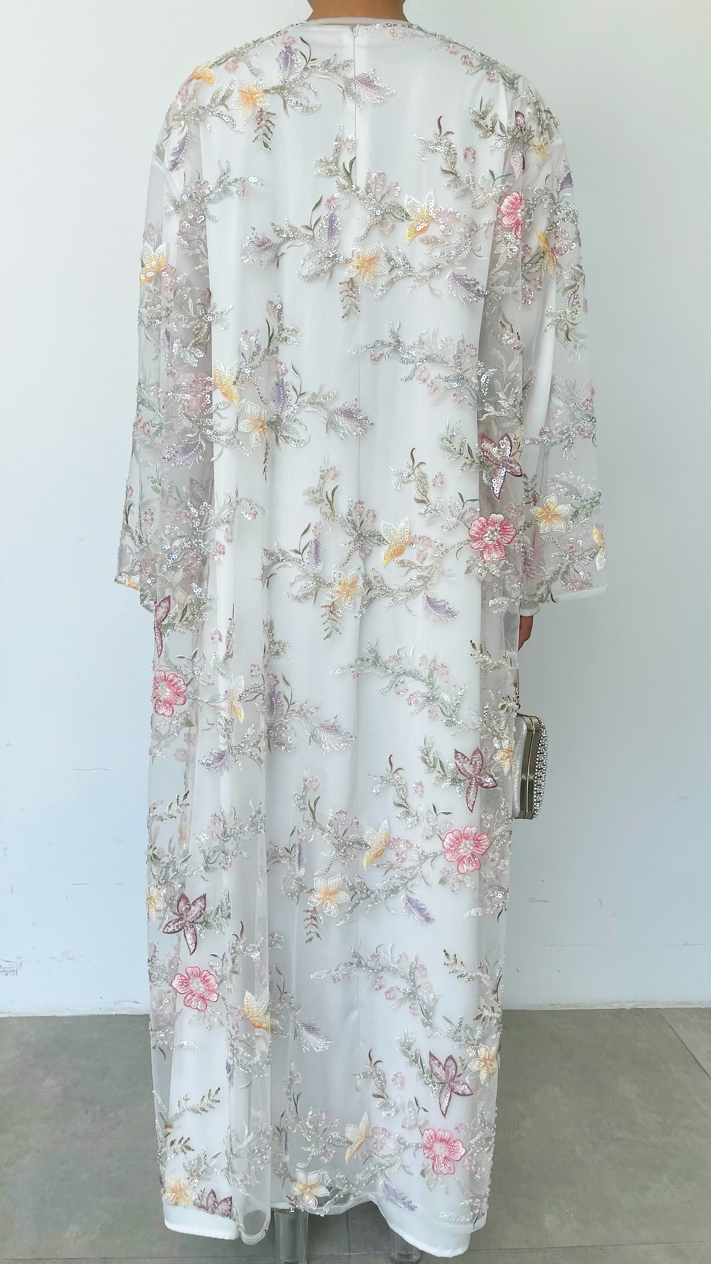 MSL896 White Pearl Flowers Open Abaya Set